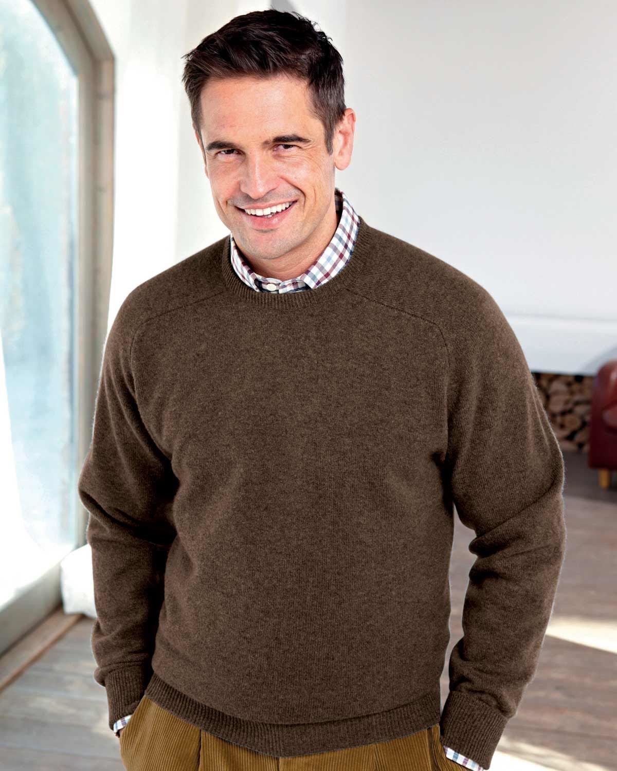 Mens Brown Crew Neck Sweater in Pure Lambswool. Sizes M- 3XL.