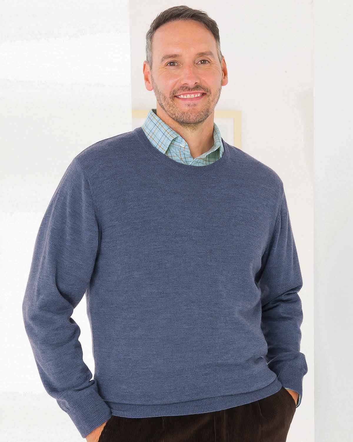 Merino Crew Neck Sweater. Knitted in fine 21 gauge merino wool.