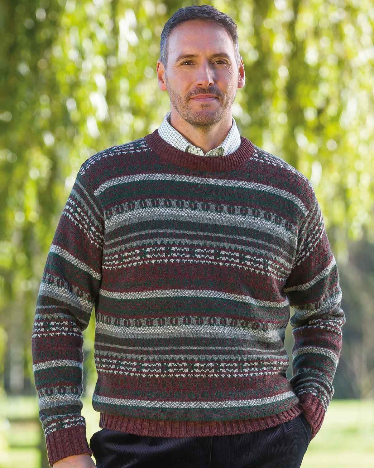 Mens Shetland wool Jumpers, Burgundy Fair isle jumpers mens