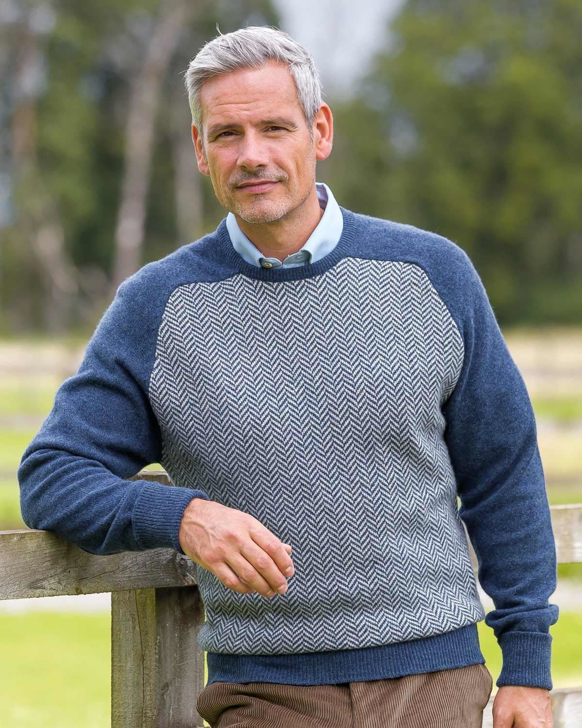 Mens Herringbone Denim Lambswool Sweater. Sizes S - XXL.