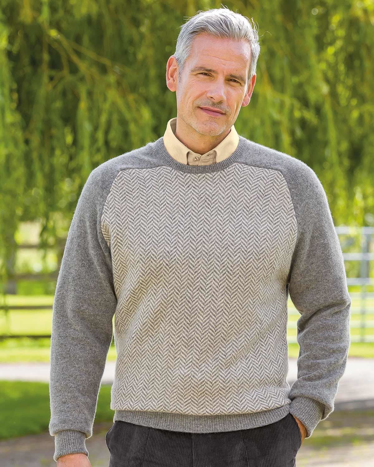 Mens Herringbone Grey Lambswool Sweater. Generously sized.