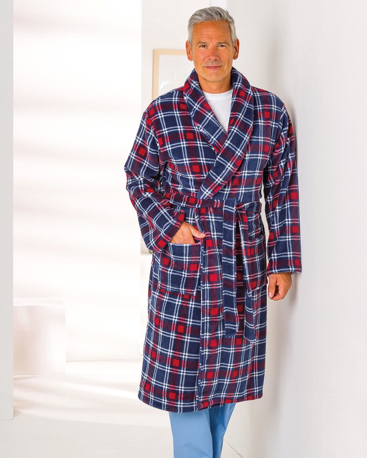 Mens fleece dressing gown, Mens Navy Check Fleece Dressing Gown