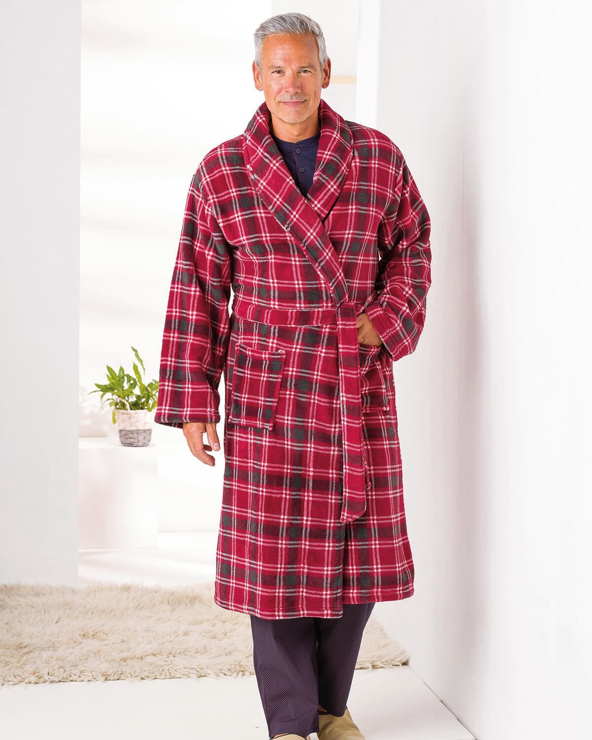 Men's Fleece Dressing Gown, Mens Checked Dressing Gown.