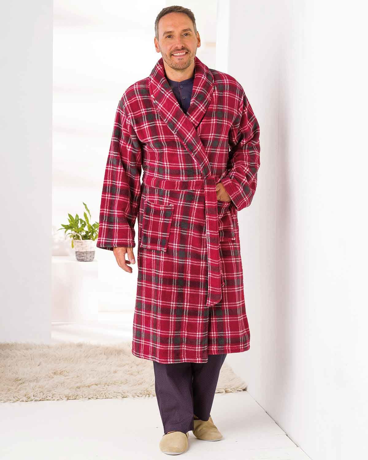 Men's Fleece Dressing Gown, Mens Checked Dressing Gown.