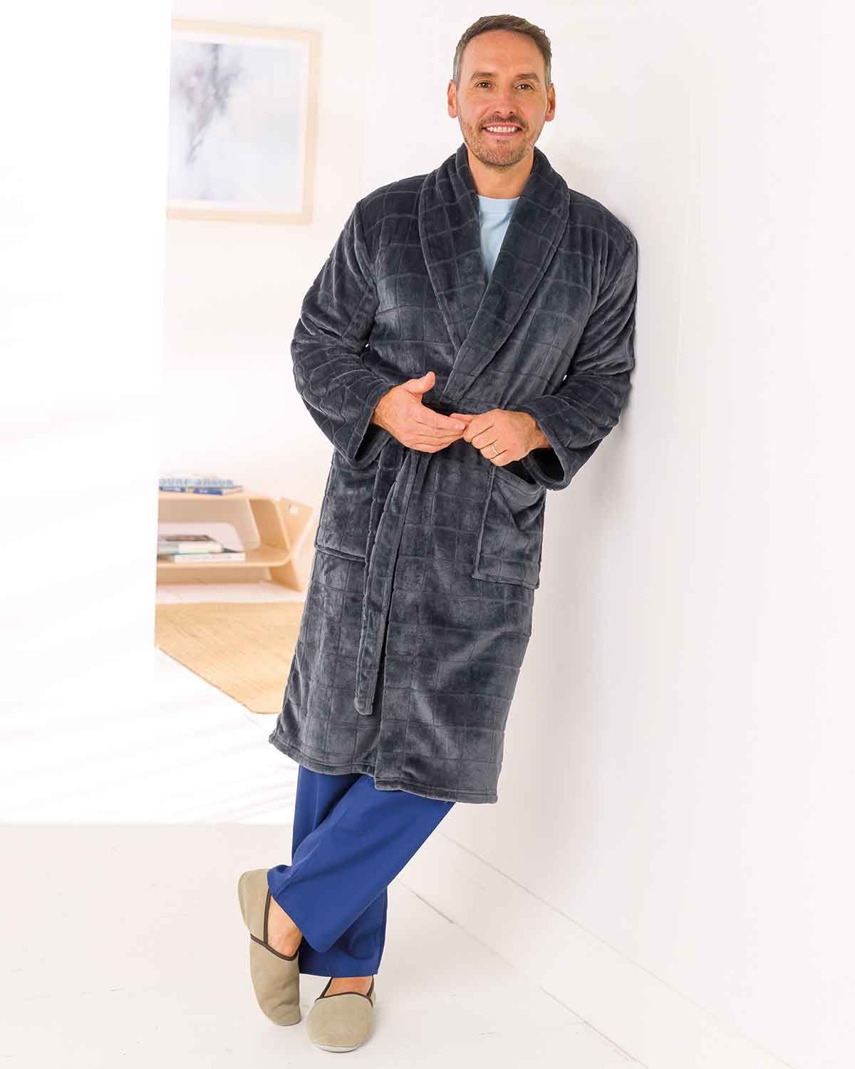 Mens Grey Super soft Waffle Fleece Dressing Gown | James Meade