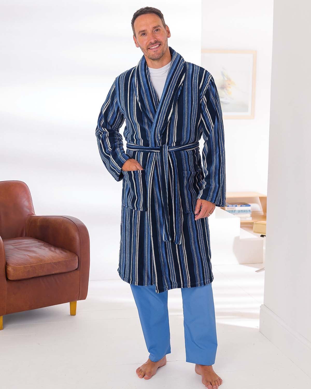 Mens Blue Striped Design Fleece Dressing Gown | James Meade