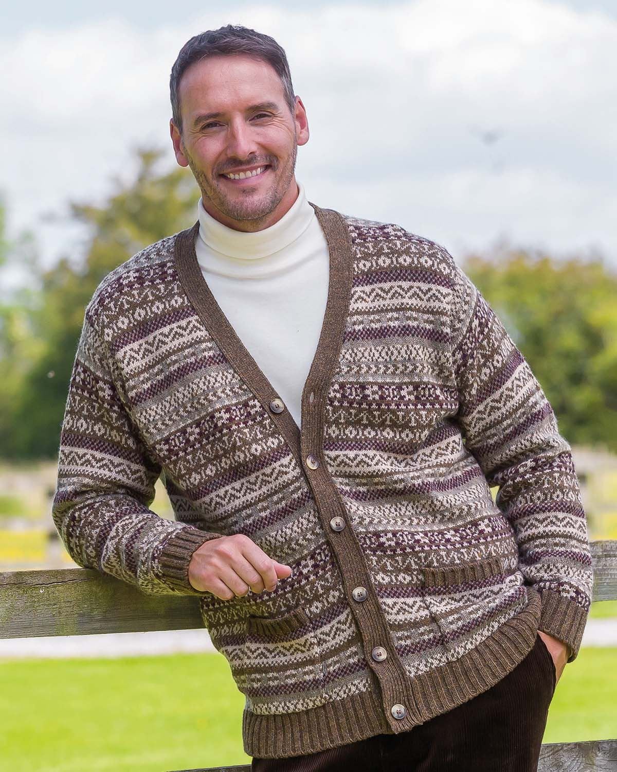 Chestnut Mens Shetland Wool Fairisle Cardigan | James Meade