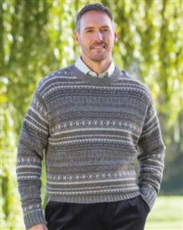 Grey Shetland Fairisle Crew Neck Sweater Mens