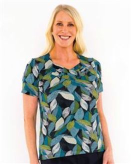 TIGI TIDE Collection French Navy and Turquoise Leaf Print Top