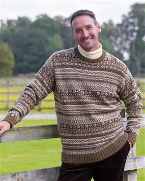 Chestnut Shetland Fairisle Crew Neck Sweater Mens
