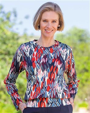Kendra Patterned Cotton Long Sleeve Blouson Top