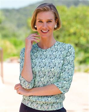 Christina Patterned Cotton 3/4 Sleeve Blouson Top