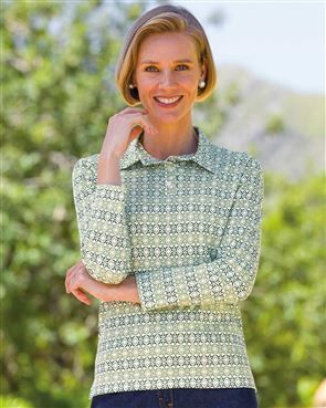 Sarah Patterned Silky Cotton Long Sleeve Polo Top