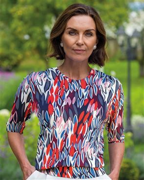 Kendra Patterned Cotton 3/4 Sleeve Blouson Top