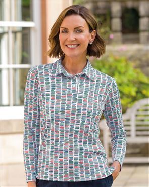 Jemma Patterned Silky Cotton Long Sleeve Polo Top