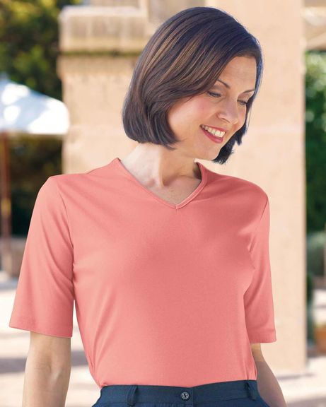 Silky Cotton V Neck Top - Coral