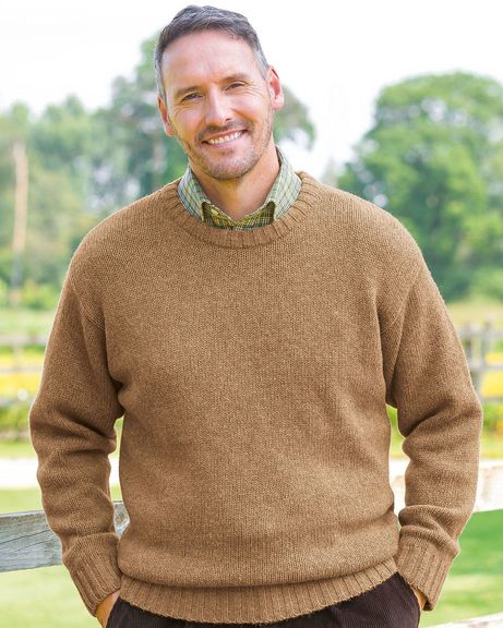 Shetland Walnut Crew Neck Jumper Mens