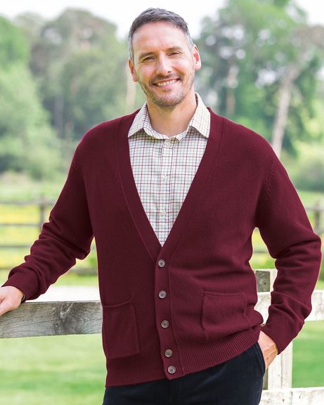 Lambswool Cardigan  Mens - Claret