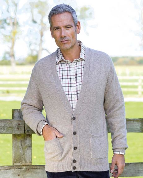 Lambswool Cardigan  Mens - Pebble