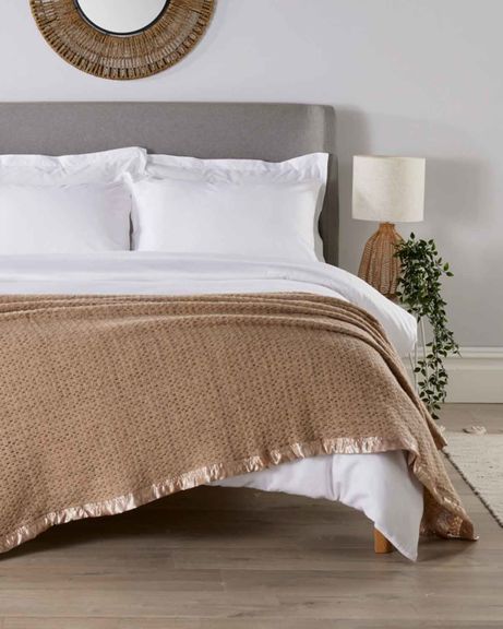 Pure Wool Satin Bound Cellular Blankets - Champagne