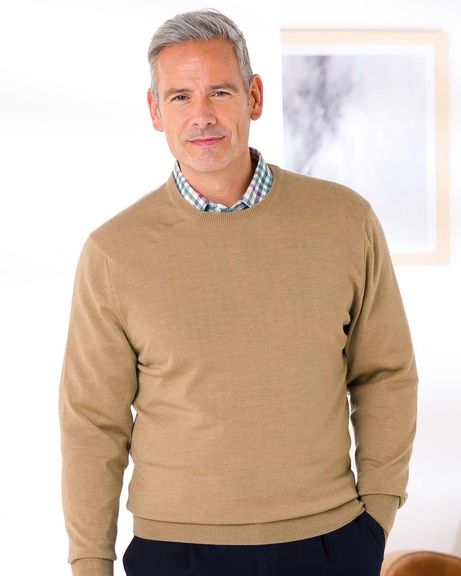 Merino Crew Neck Sweater  Mens - Camel Merino Crew Neck Sweater  Mens - Camel