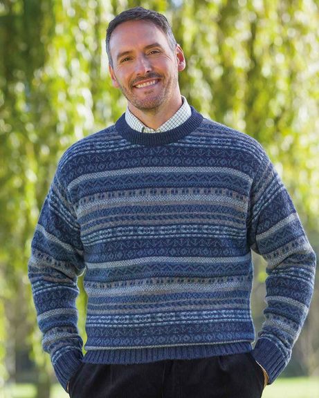 Blue Shetland Fairisle Crew Neck Sweater Mens