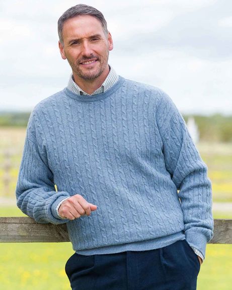 Lambswool Cable Crew Neck Jumper - Light Blue