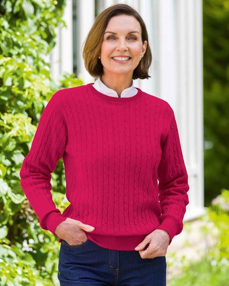 Lambswool Cable Crew Neck Jumper - Ruby