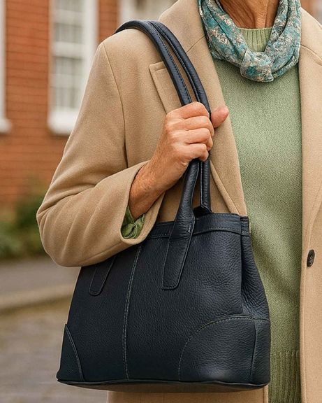 Leather Twin Compartment Bag - Navy