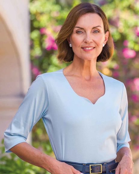 Jodie Sweetheart Neck 3/4 Sleeve Silky Cotton Top - Pale Blue
