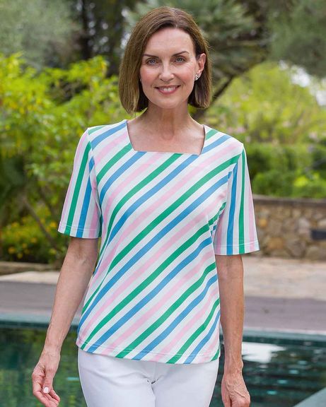 Jardino Multi-coloured Striped Square Neck T-shirt