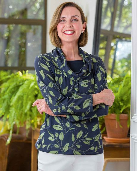 Maria Patterned Long Sleeve Cowl Neck Top
