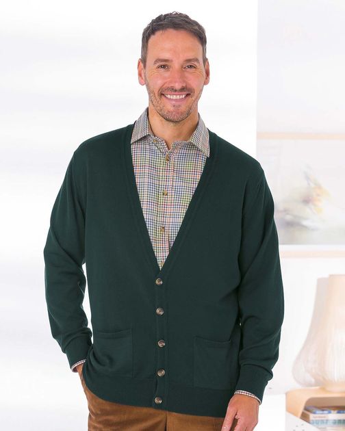 Tartan Green Merino Cardigan  Mens