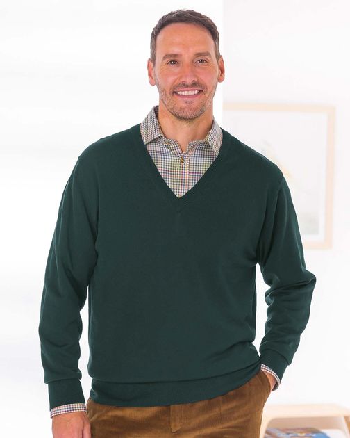 Tartan Green Merino V neck Sweater  Mens