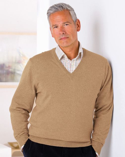 Merino V neck Sweater  Mens - Camel