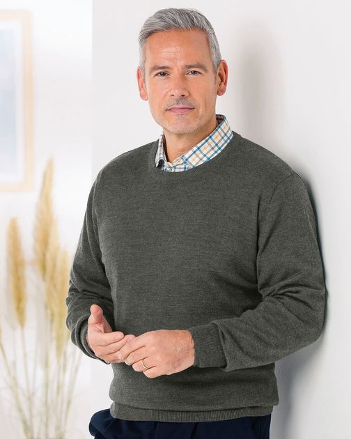 Grey Marl Merino Crew Neck Sweater  Mens