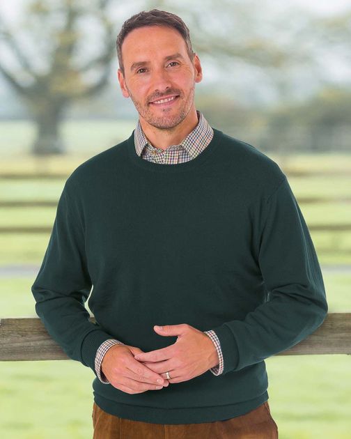 Merino Crew Neck Sweater  Mens - Tartan Green