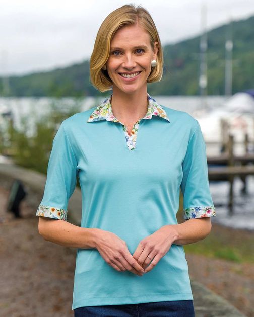 Mona Trimmed Short Sleeve Cotton Polo Top