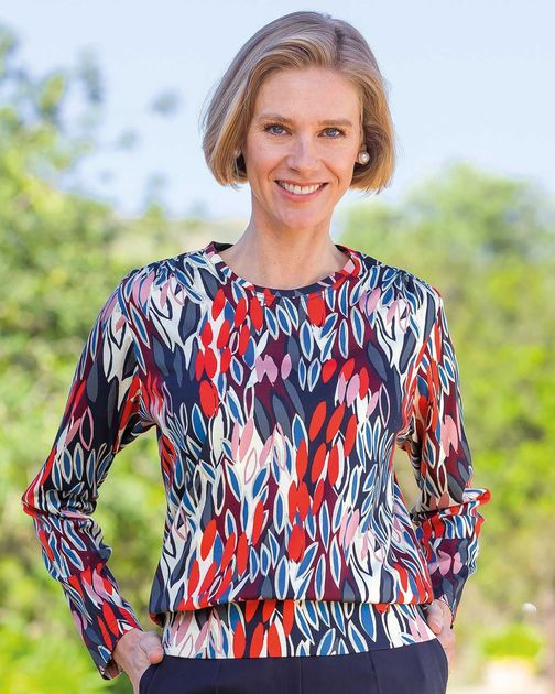Kendra Patterned Cotton Long Sleeve Blouson Top
