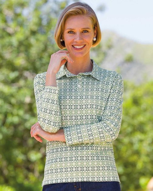 Sarah Patterned Silky Cotton Long Sleeve Polo Top