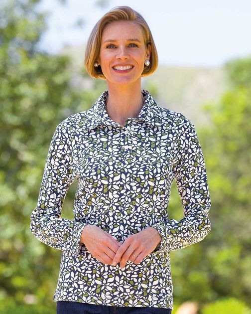 Cecily Patterned Silky Cotton Long Sleeve Polo Top