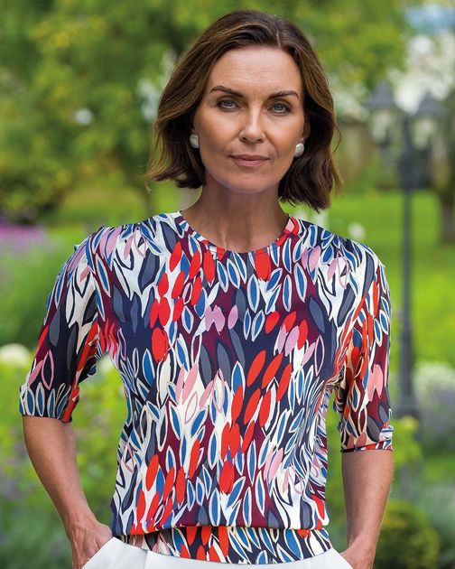 Kendra Patterned Cotton 3/4 Sleeve Blouson Top