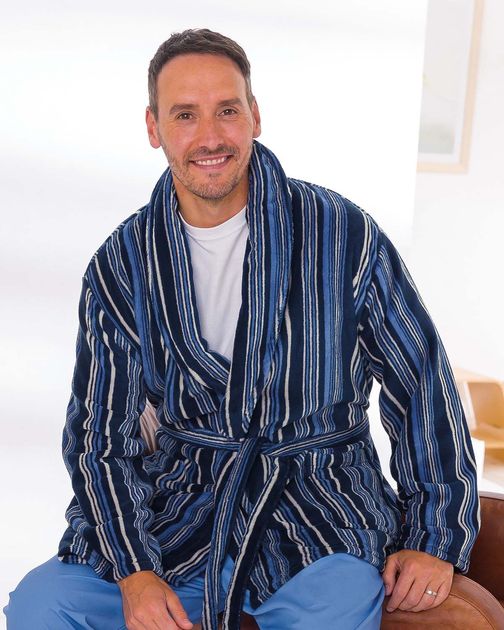 Blue Striped Fleece Bed Jacket Mens