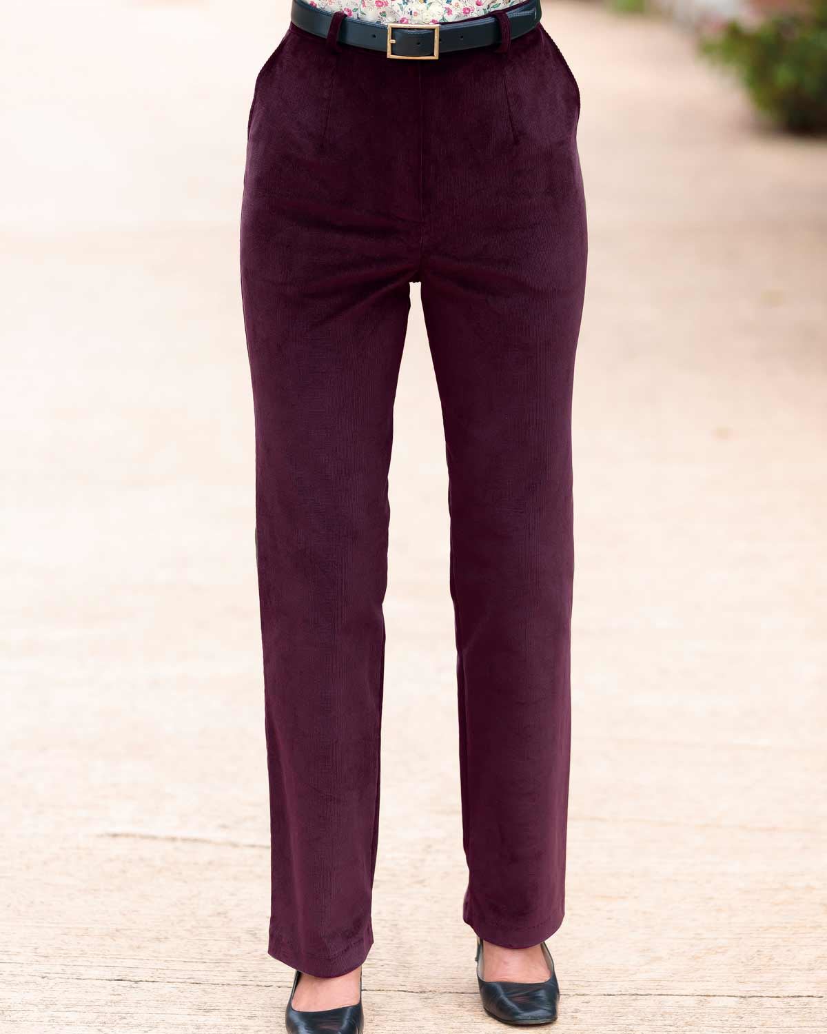 Ladies Flat Front Needlecord trousers. Aubergine, Navy, Olive.
